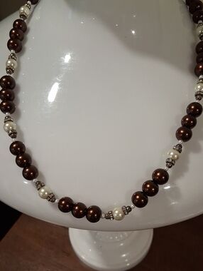 Brown and Cream Pearl Bead Necklace with Silver Accents